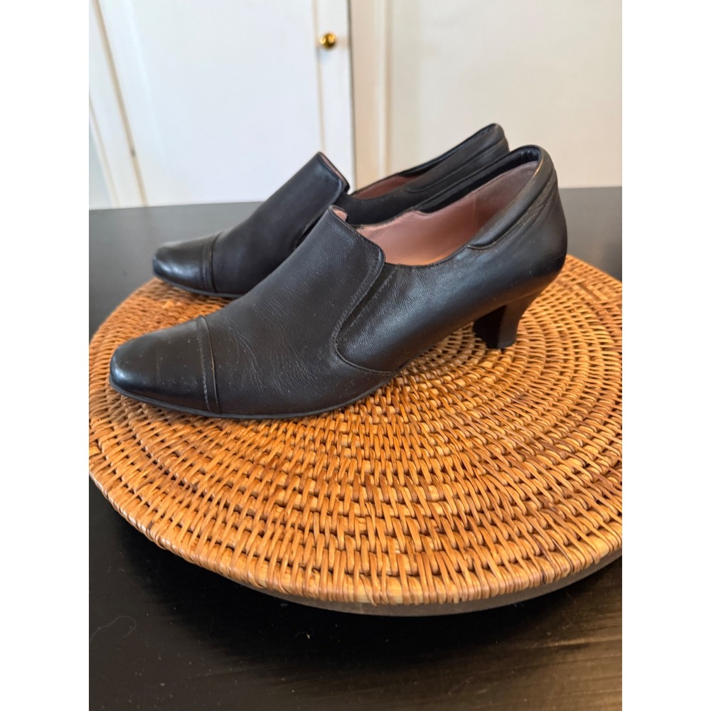 BeautiFeel Black Leather Cap Toe Kitten Heel Loafers Shoes Womens Size 40